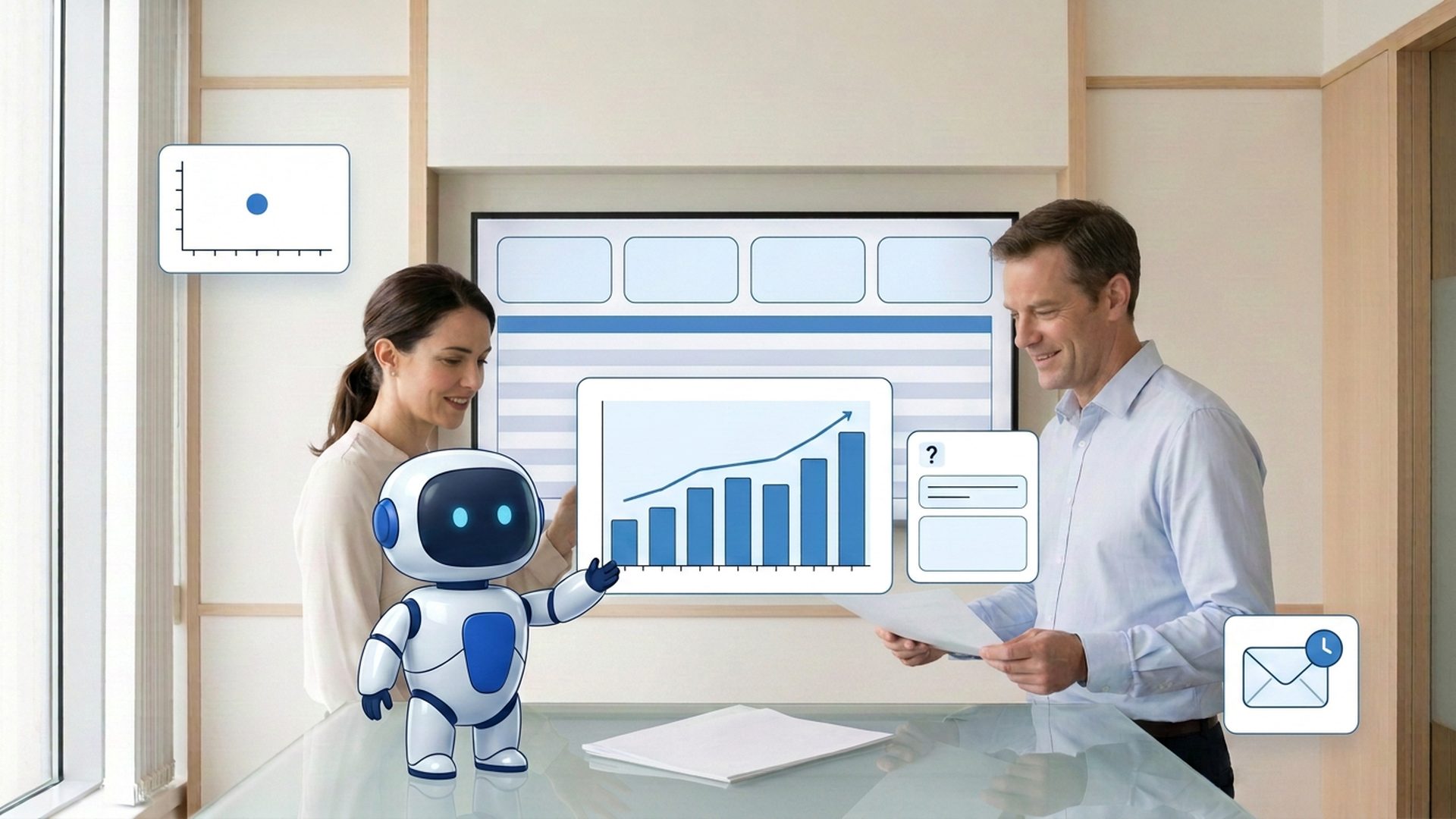 Two colleagues in a bright meeting room agreeing on one
   figure, beside the Ank mascot and a consolidated bar chart with a rising trend line