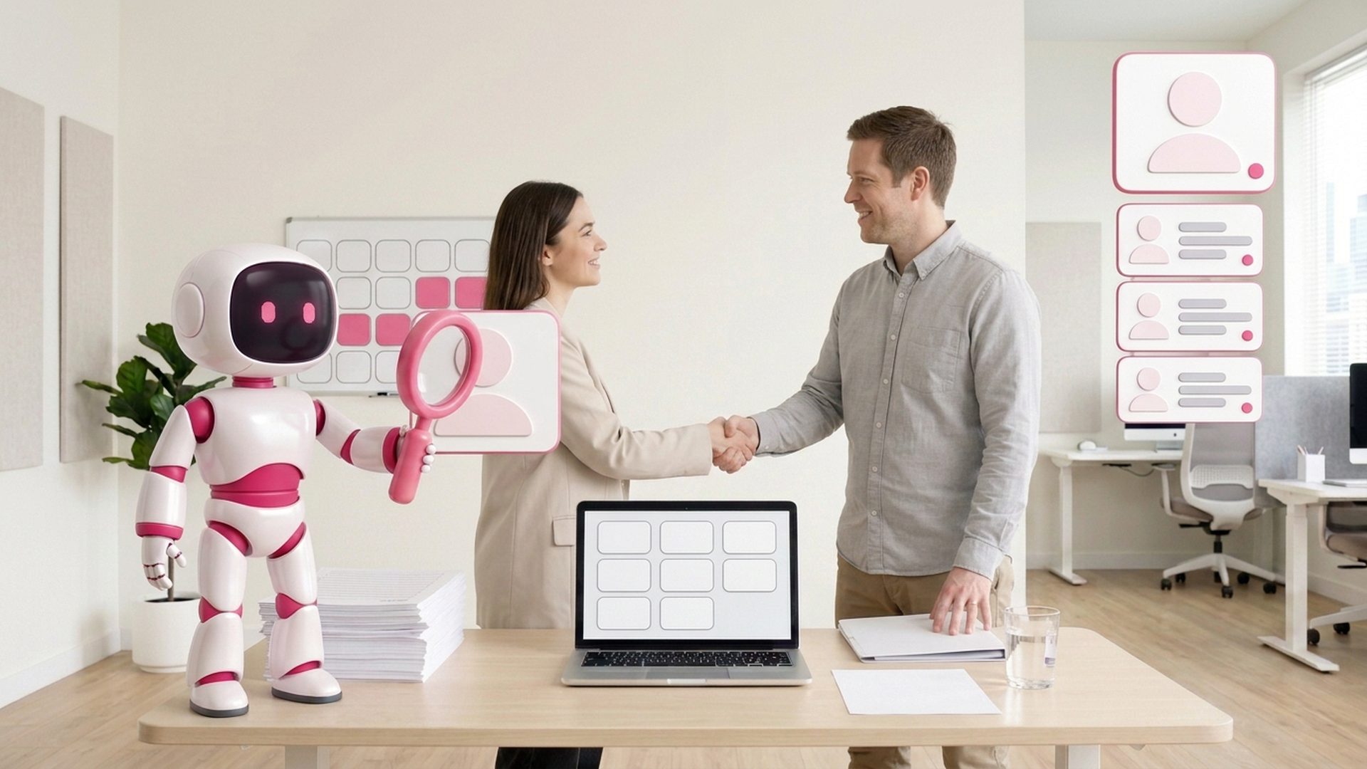 Two colleagues in a bright meeting room agreeing on one
   figure, beside the Bharti mascot and a consolidated bar chart with a rising trend line