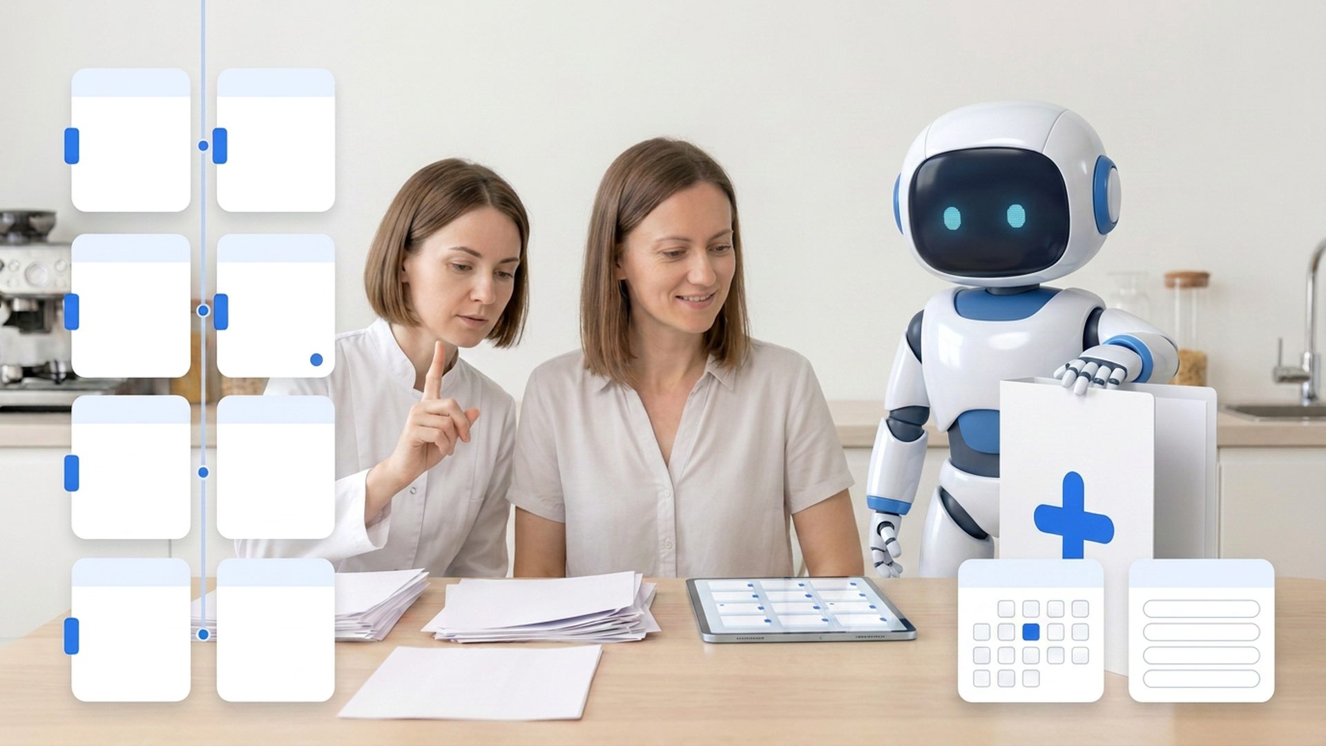 A woman at a kitchen table beside the Doctor mascot robot, a clinician reading a timeline of filed records on a tablet beside her
