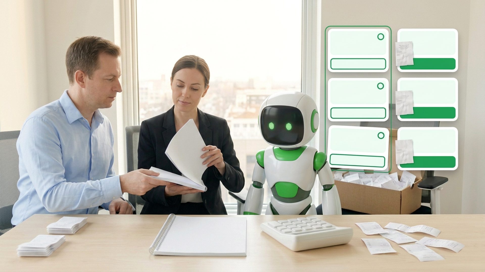 A man at a back-office desk beside the Khata mascot robot, handing a bound set of books across the desk to an accountant who opens it
