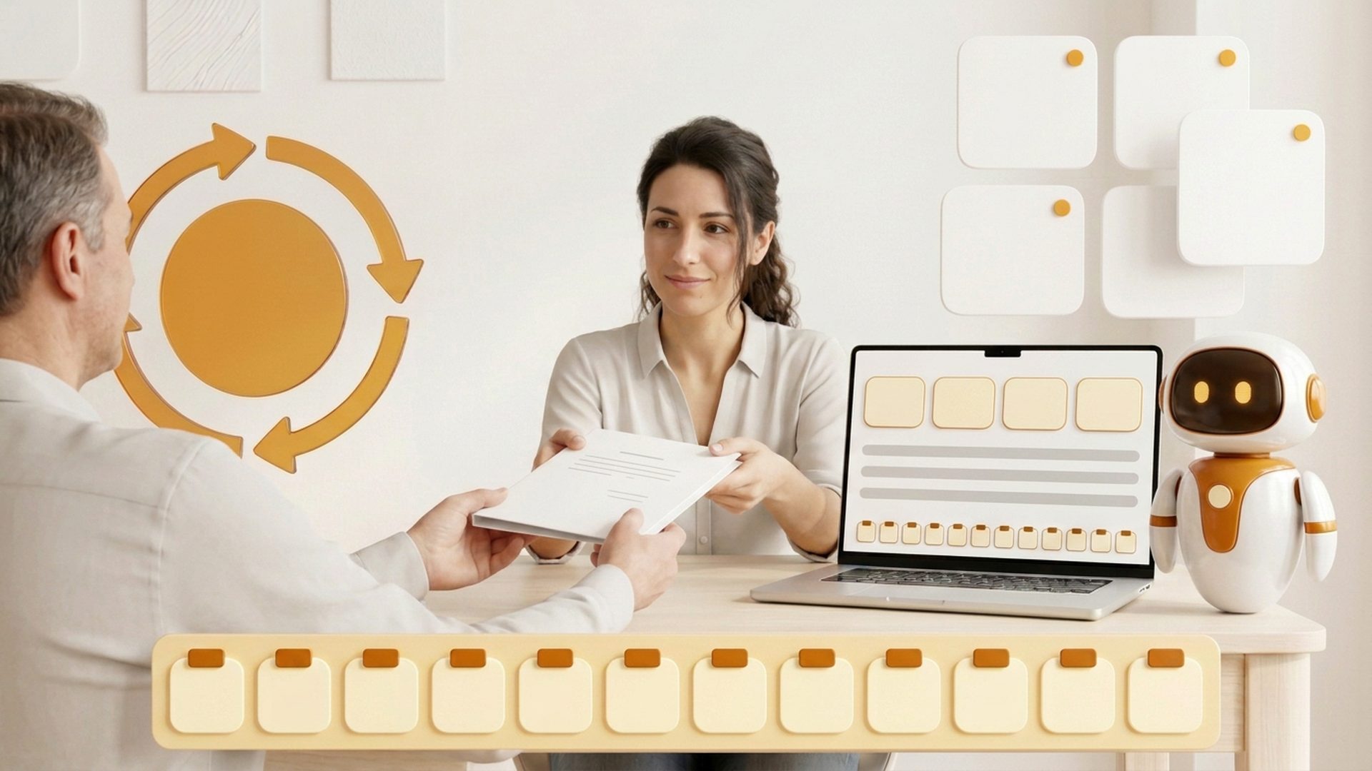 A calm shop owner at a clear desk handing one neat folder to her accountant, a tidy money dashboard on the laptop and the Laxmi mascot beside a steady ring of circular arrows