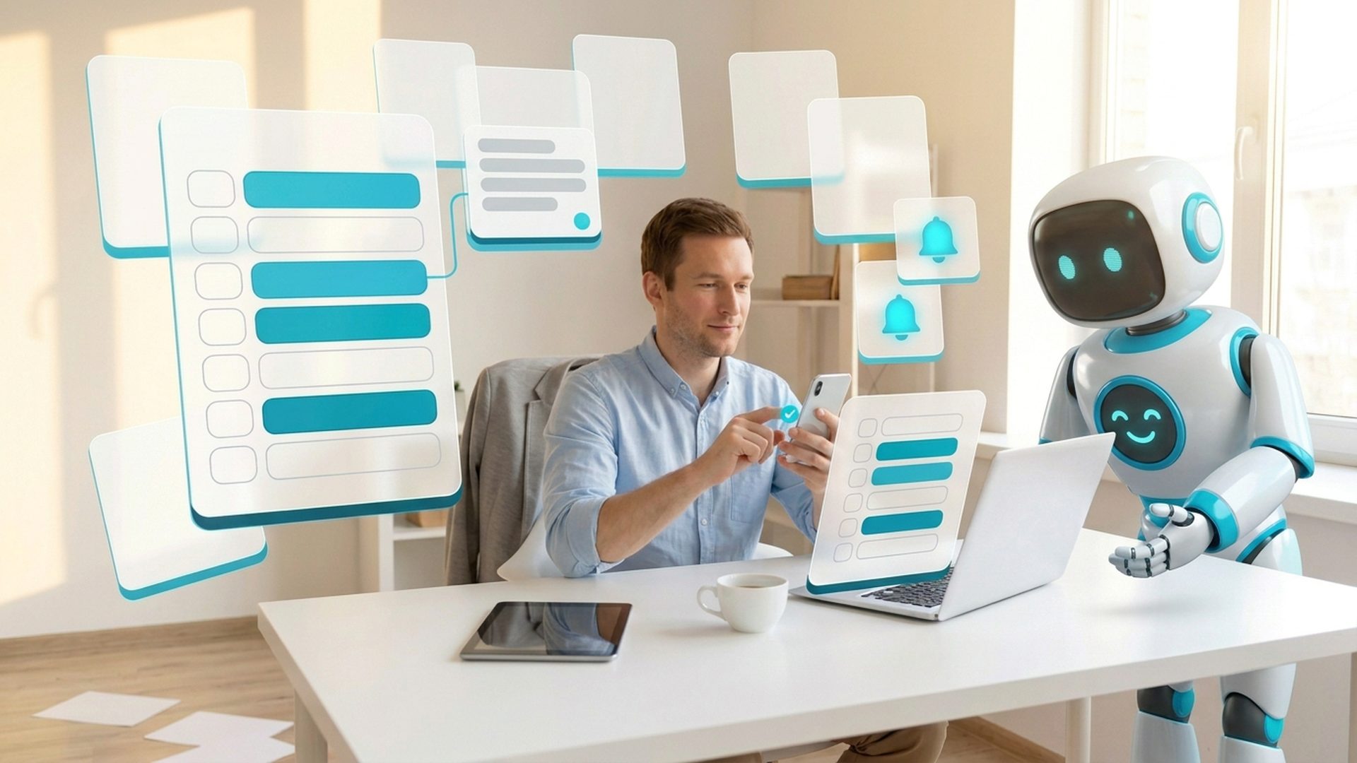 A calm strategist handing a printed plan to a colleague,
   a tidy violet node-and-arrow diagram on the glass wall behind and an ordered priority list on
   the laptop