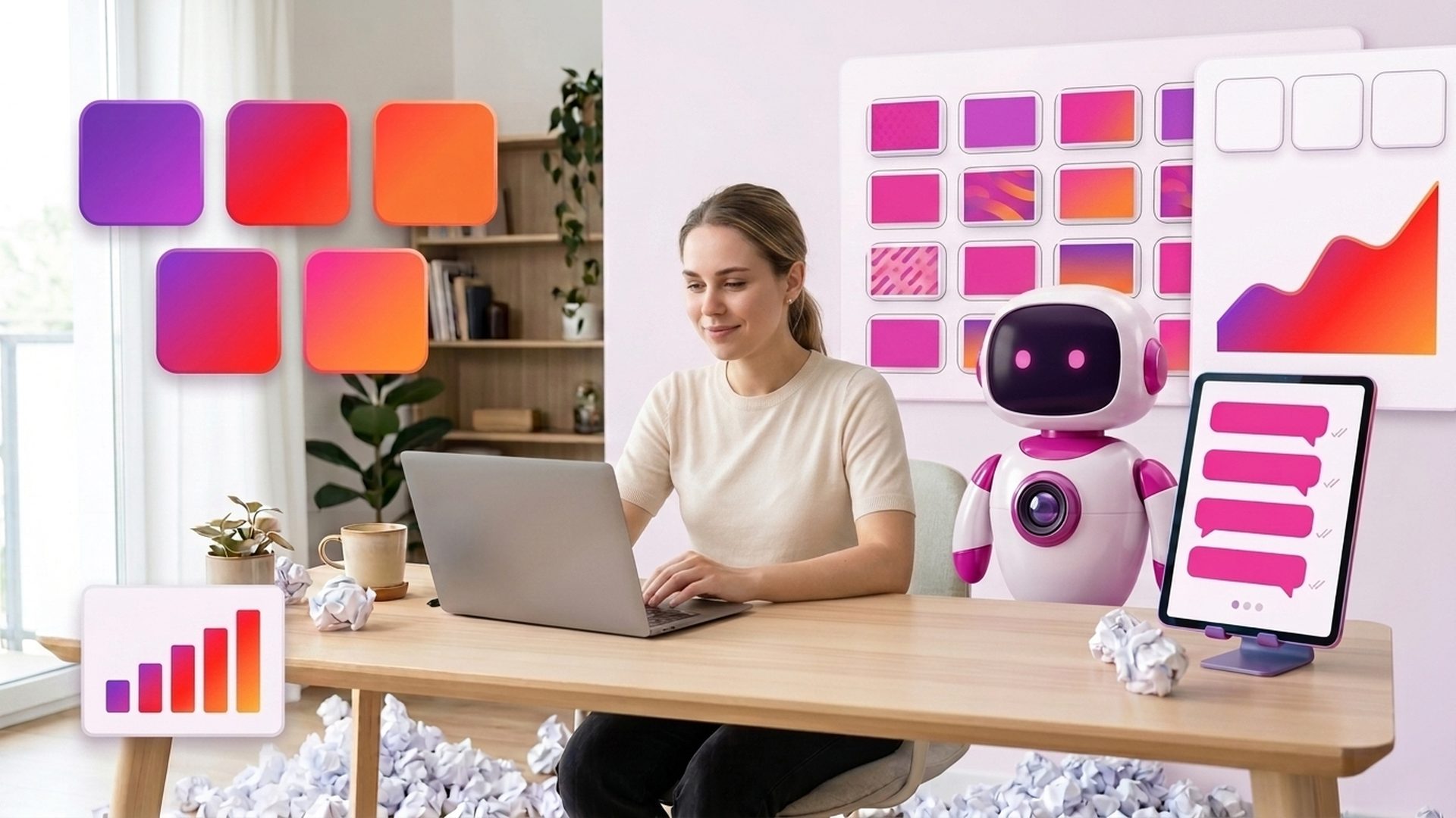 A calm creator at a laptop beside the Socie mascot, a full
   content calendar on the wall behind and a rising analytics chart to the right