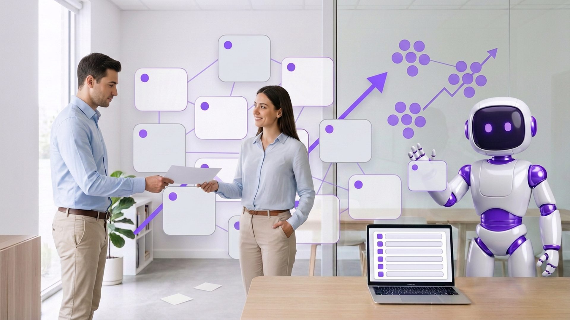 A calm strategist handing a printed plan to a colleague,
   a tidy violet node-and-arrow diagram on the glass wall behind and an ordered priority list on
   the laptop